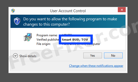 Screenshot where Smart BUD, TOV appears as the verified publisher in the UAC dialog